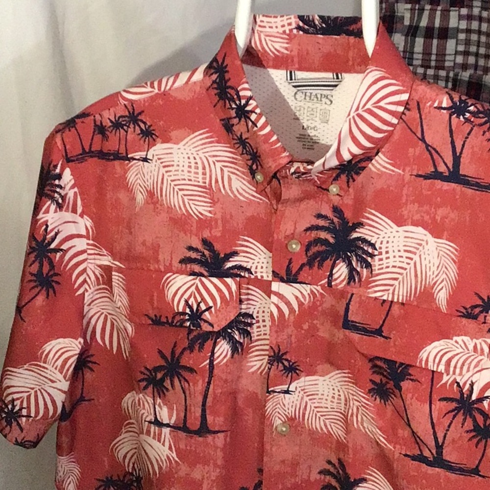 Chaps Red and White Casual Button Down Shirt with Tropical Print